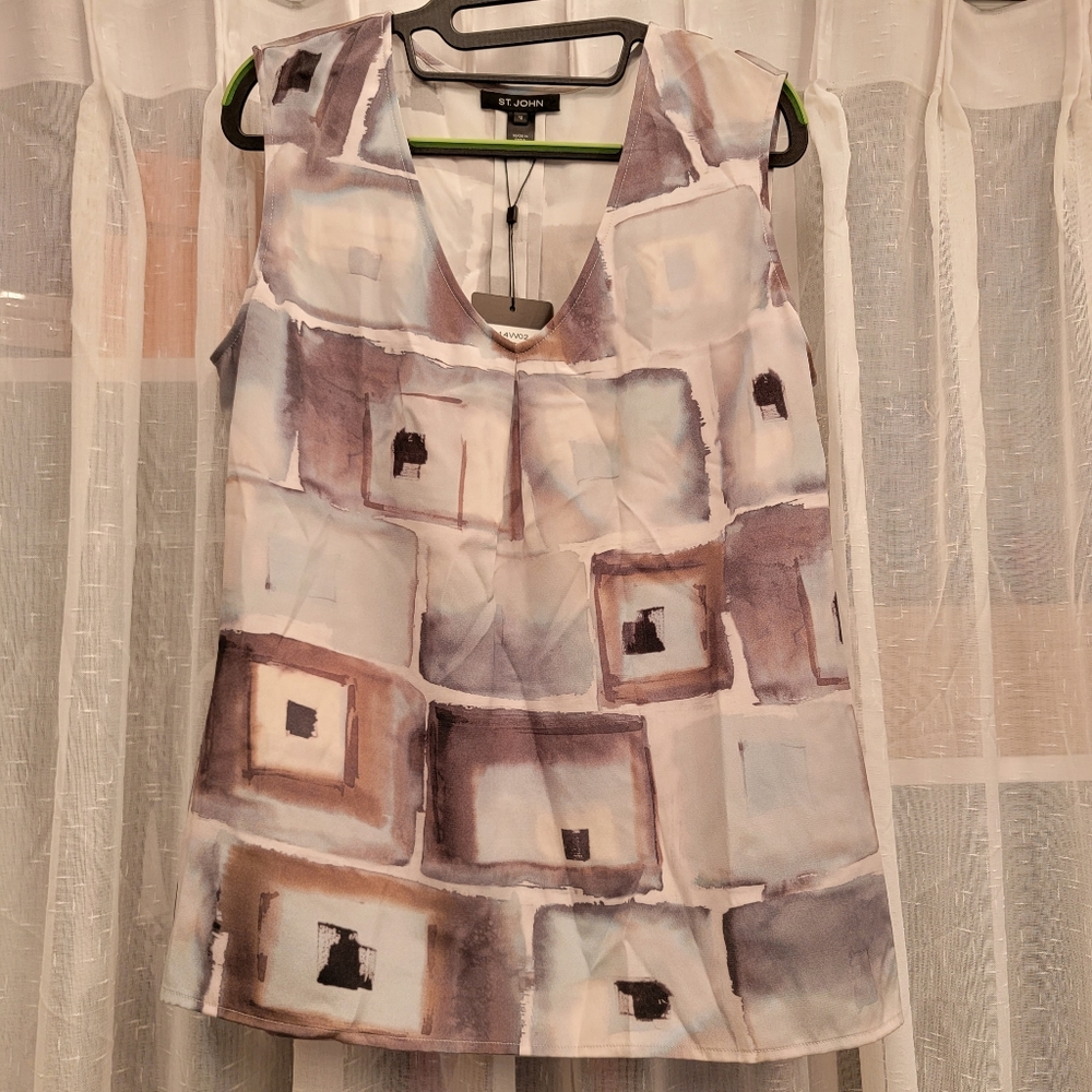 St. John Silk V Neck Blouse Geometric Square Print Pewter Multi Size 12 NWT